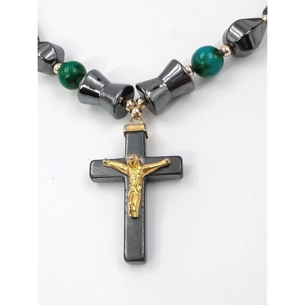 Vintage Crucifix Necklace‎ Men Hematite Cross Pendant Gunmetal Beads Catholic